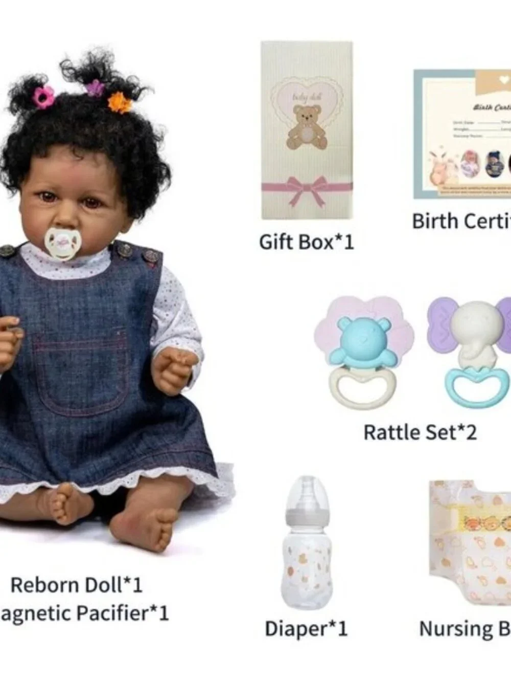 22 Inch Realistic Black Reborn Baby Girl Doll Open Brown Eyes Curly Hair